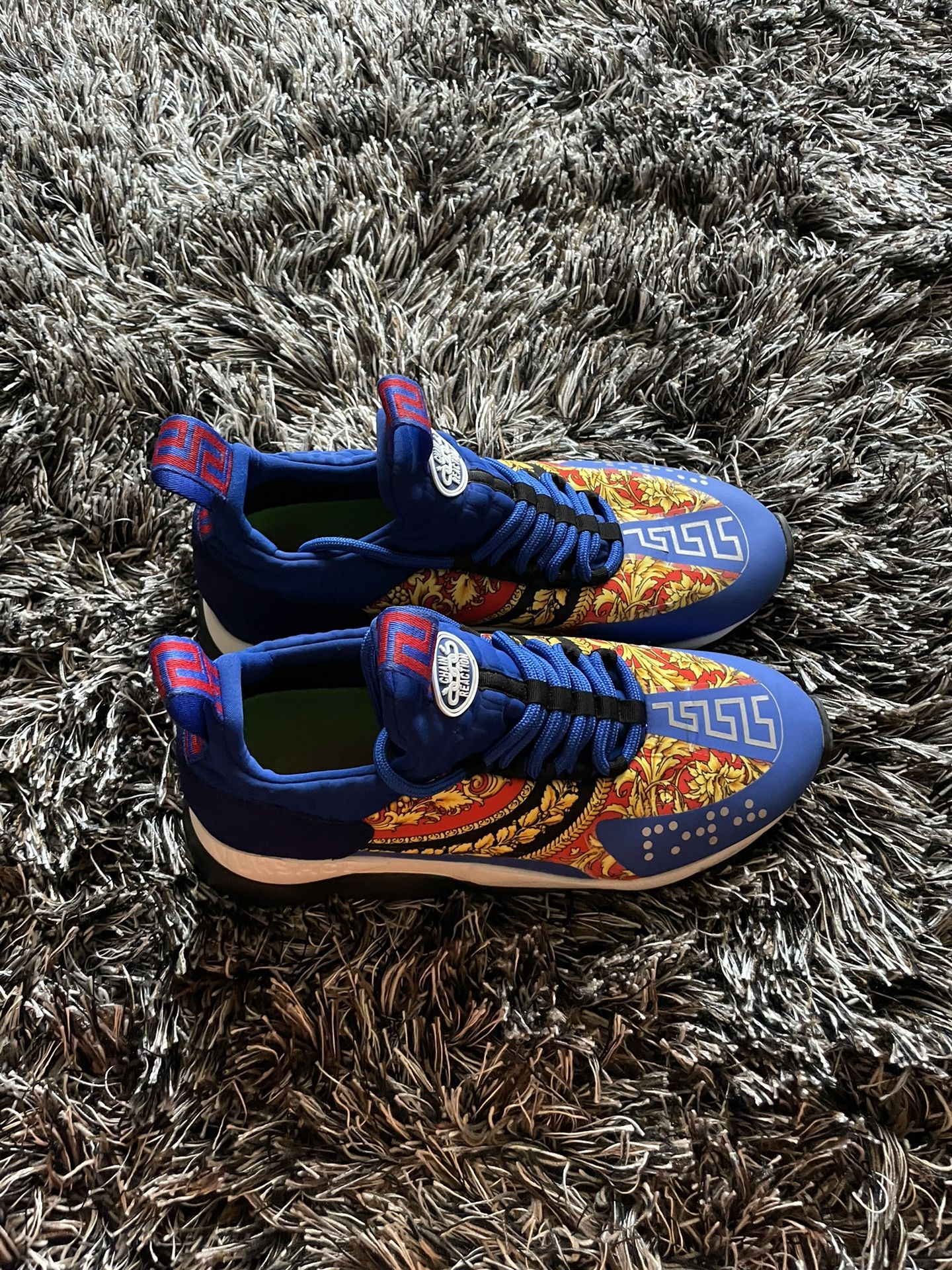 Versace Blue And Red Chain Reaction Leather Low Top Sneakers In