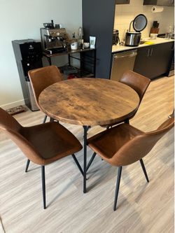 Round Dining Table + 4 Brown Leather Chairs