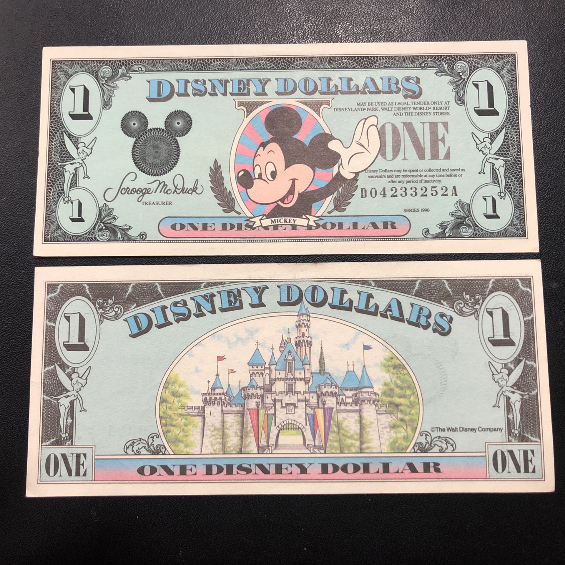 Series 1990 Mint Condition Disney Dollars (2) Of Them