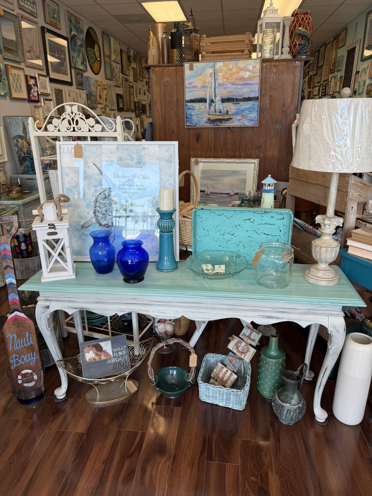 Coastal Turquoise & Grey Hand-Painted Console Table – 60” Long – Beach Cottage Style
