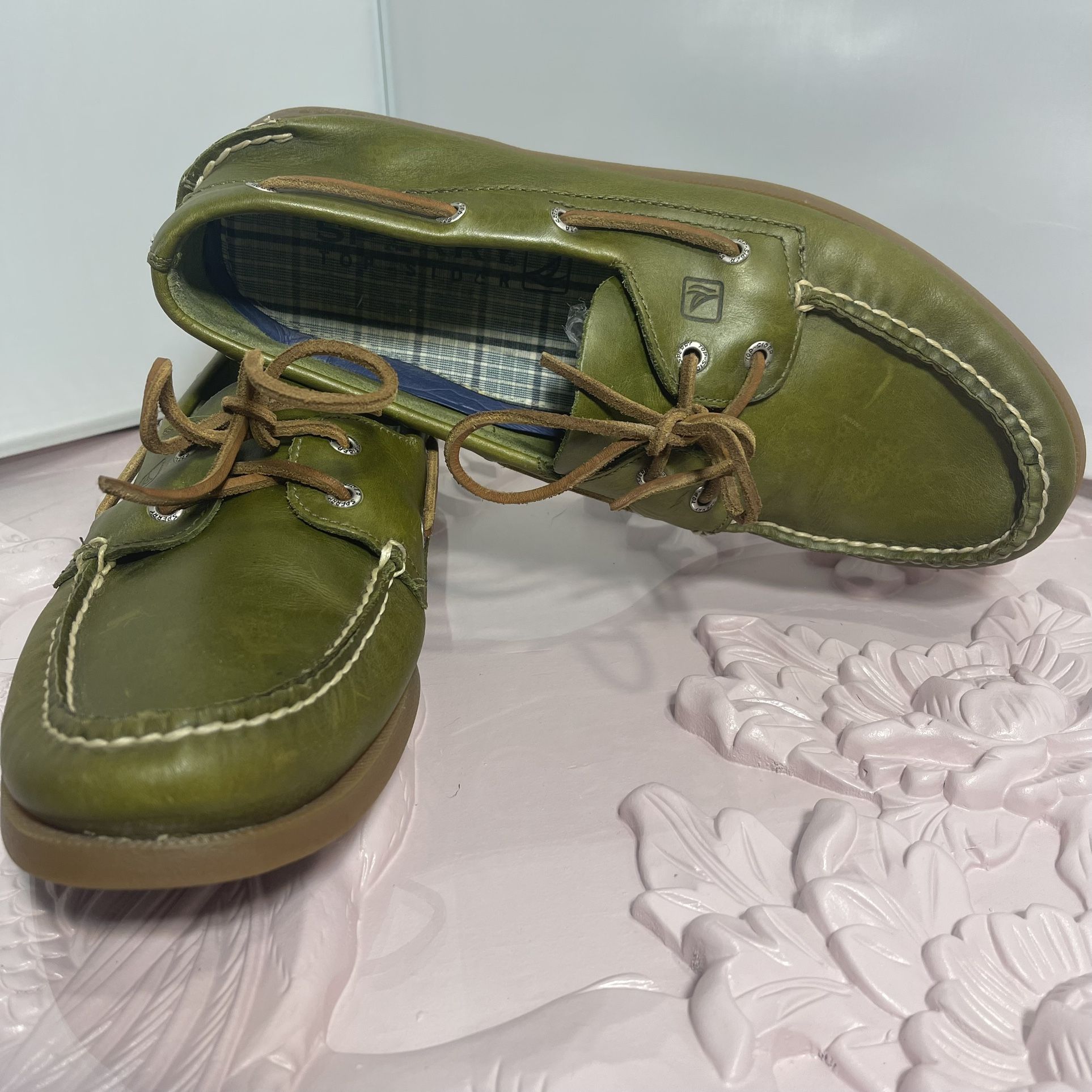 Sperry Top Siders Green/Brown Leather Boat Shoes Casual Slip On