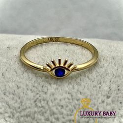 14K Yellow Gold - Blue Evil Eye Ring SIZE 6.5