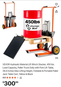 VEVOR Hydraulic Material Lift Winch Stacker, 450 lbs Load Capacity, Pallet Truck Dolly with Fork Lift Table, 39.4 Inches Max Lifting Height, Foldable 
