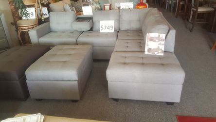 Brand new 102" x 81" grey line storage sectional + ottoman