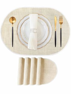 Beige Placemats Set of 4, 12x18 Inch Oval Washable Place Mats Easy to Clean Heat Resistant Table Mats, Wipeable Place Mats for Kitchen, Dining Room（Be
