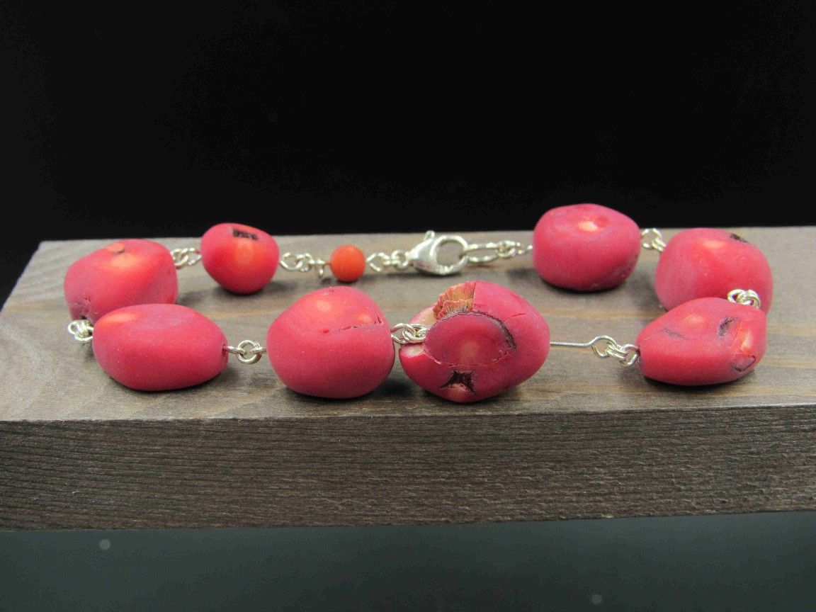 8" Sterling Silver Unique Red Shell Stone Bracelet Vintage Elegant Beautiful Everyday Minimalist Statement Simple Unique Trendy