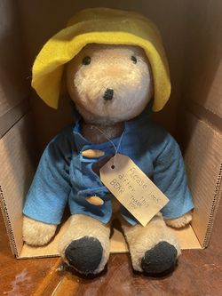 Vintage Paddington Bear Plush 17” Yellow Hat Blue Coat Darkest Peru Tag