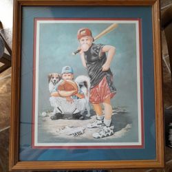 Vintage Home Interiors Boys playing Baseball with Dog Painting By Dwayne Neal