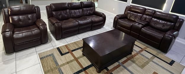 Brown Leather Power Reclining Sofa Set – 3-Piece (3/2/1) – Good Condition