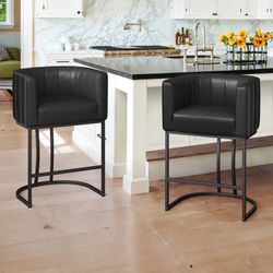 27"H Modern Faux Leather Barrel Bar Stools, Black (Set of 2)