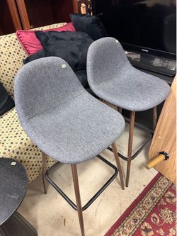 Set of 2 Mid-Century Style  Modern Counter Stools in charcoal fabric with a walnut finish on the legs