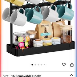 Coffee Mug Holder with 16 Movable Hooks, Metal Coffee Cup Holder for Countertop, 2 Tier Mug Rack with Storage Shelf for Kitchen Office Coffee Mug Rack