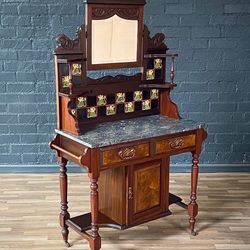 Victorian Eastlake Black Marble-Top Washstand w/ Mirror & Floral Tiles, c.1940’s - Delivery Available