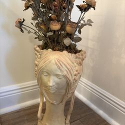 Vintage Art Nouveau Lady Head Vase Planter.  Concrete Or Cement. With Or Without Baby Tea Roses.  