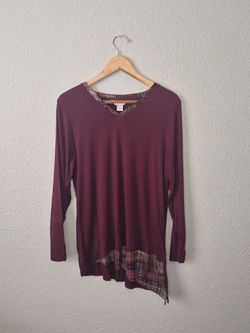 Christopher Banks Shirt Top Maroon Long Tunic V Neck Ruffle Stretch Size: P-L