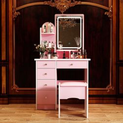 FUFU&GAGA Makeup Vanity Set with Lightning Mirror, Drawer & Shelf - 31.5''L x 15.7''W x 55.1''H