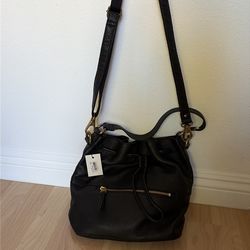 Fossil Black Pebbled Leather Drawstring Shoulder Bag with Gold Hardware