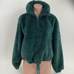 VICTORIA'S SECRET PINK KNOW ONE CARES GREEN FAUX FUR CROPPED JACKET LARGE NWT
