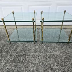 Vintage Mid-Century 2 Small Side / End Tables Faux Bamboo and Glass 