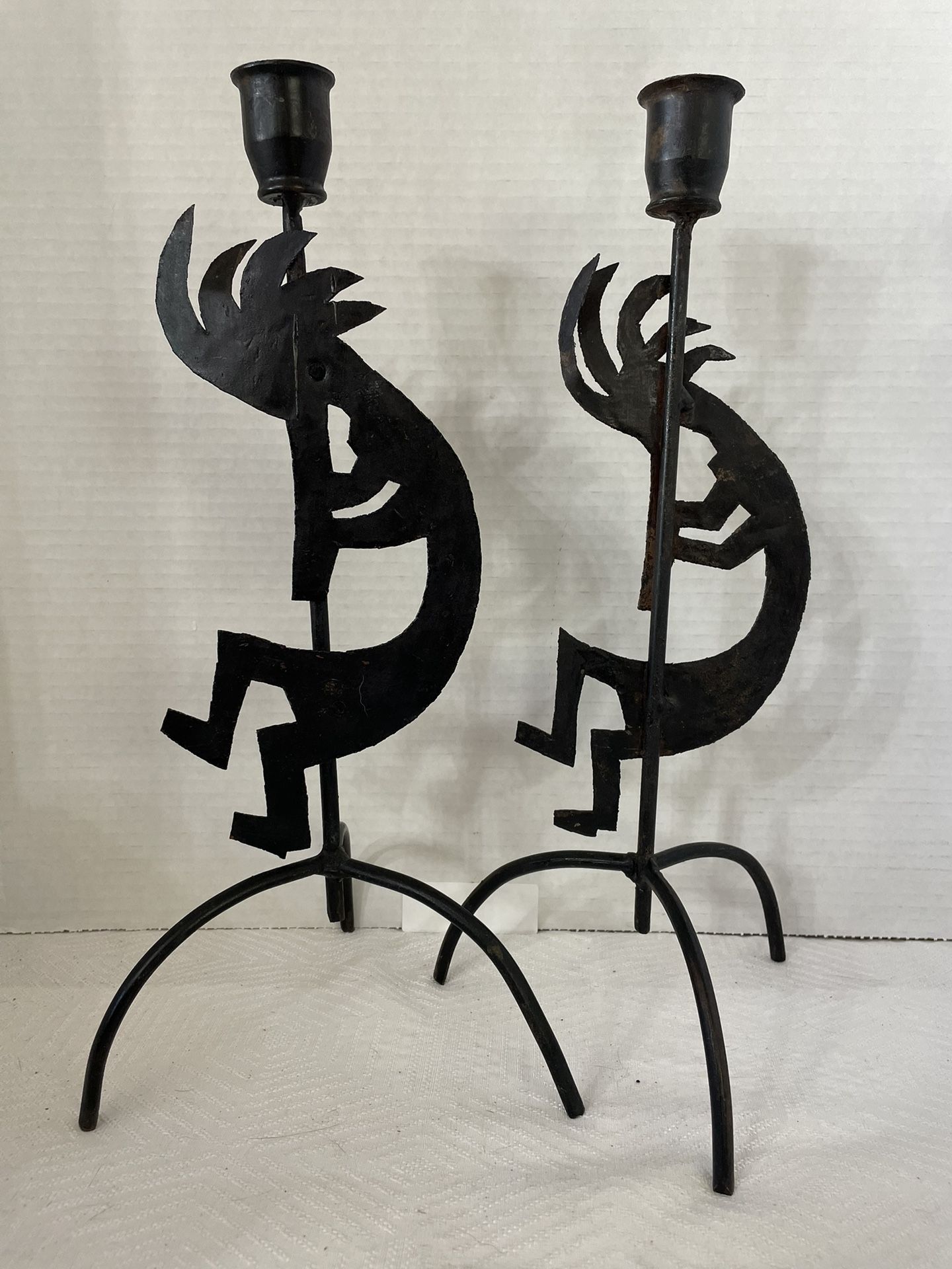 Wrought Iron Kokopelli Candle Holders lot of 2 Black Vintage 14” Height 3 prong