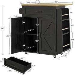 Kitchen Island Cart with Storage, Rolling Kitchen Table with Power Outlet, Storage Cabinets on Wheels with Drop Leaf, Portable for Dining Room, Black