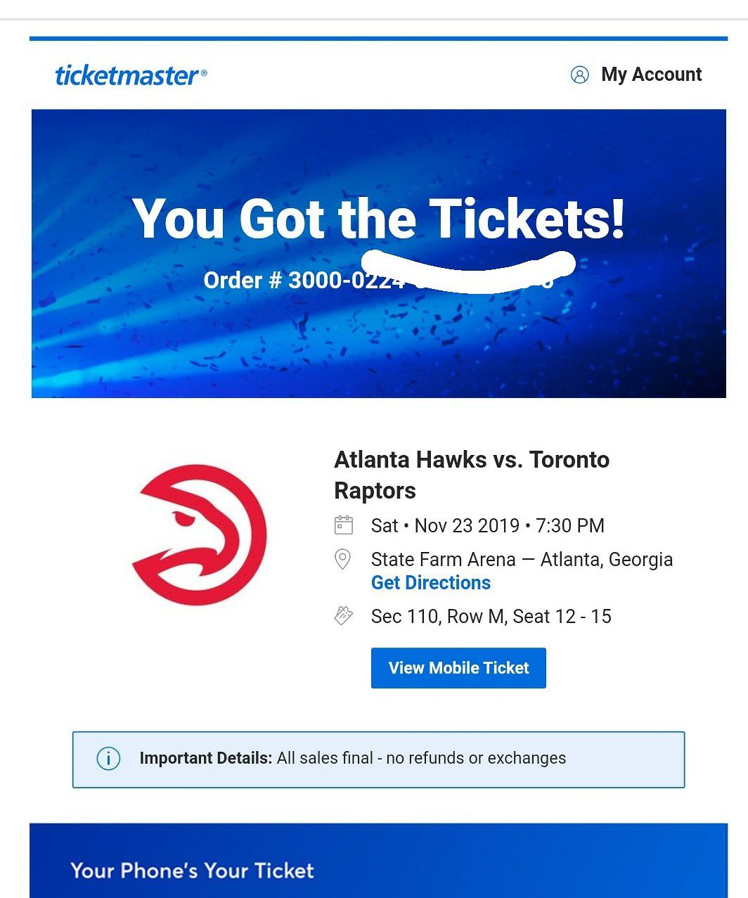 Hawks vs Raptors Game $75 a ticket, plus parking pass. November 23, I HAVE 4 TICKETS LEFT!