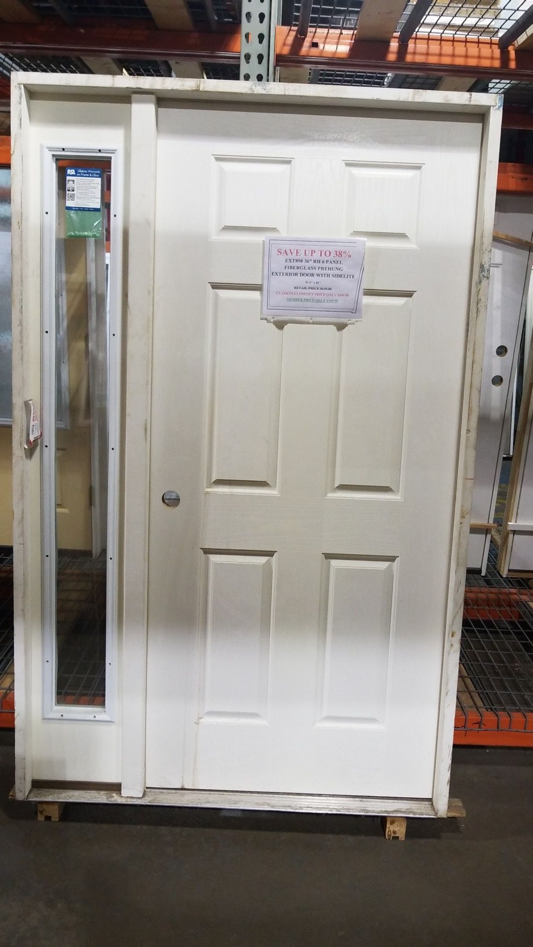 New! Ext898 RH 36" 6 Panel Fiberglass Exterior Door with Sidelite
