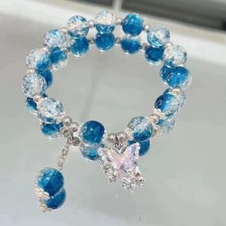 Blue Cracked Crystal Beaded Bracelet With Butterfly Charm