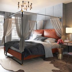 Vegan Leather Metal Canopy Bed, King