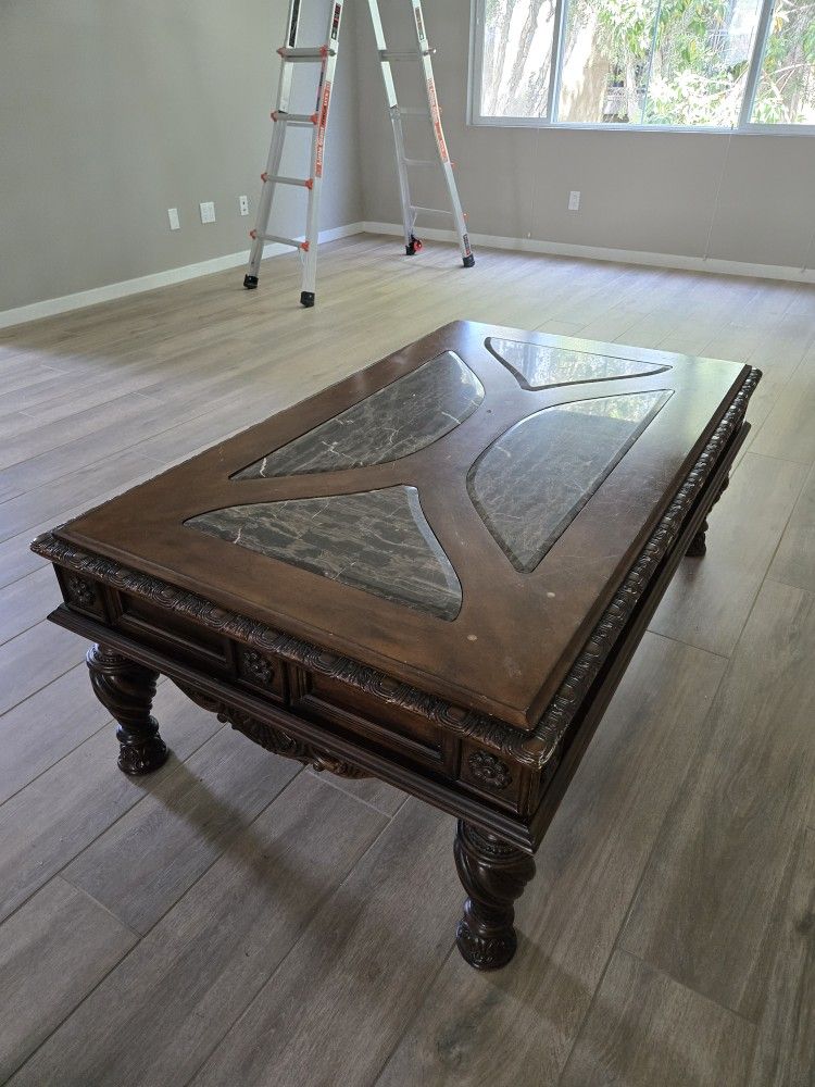 🪵 Marble-Inlay Coffee Table – Solid Wood