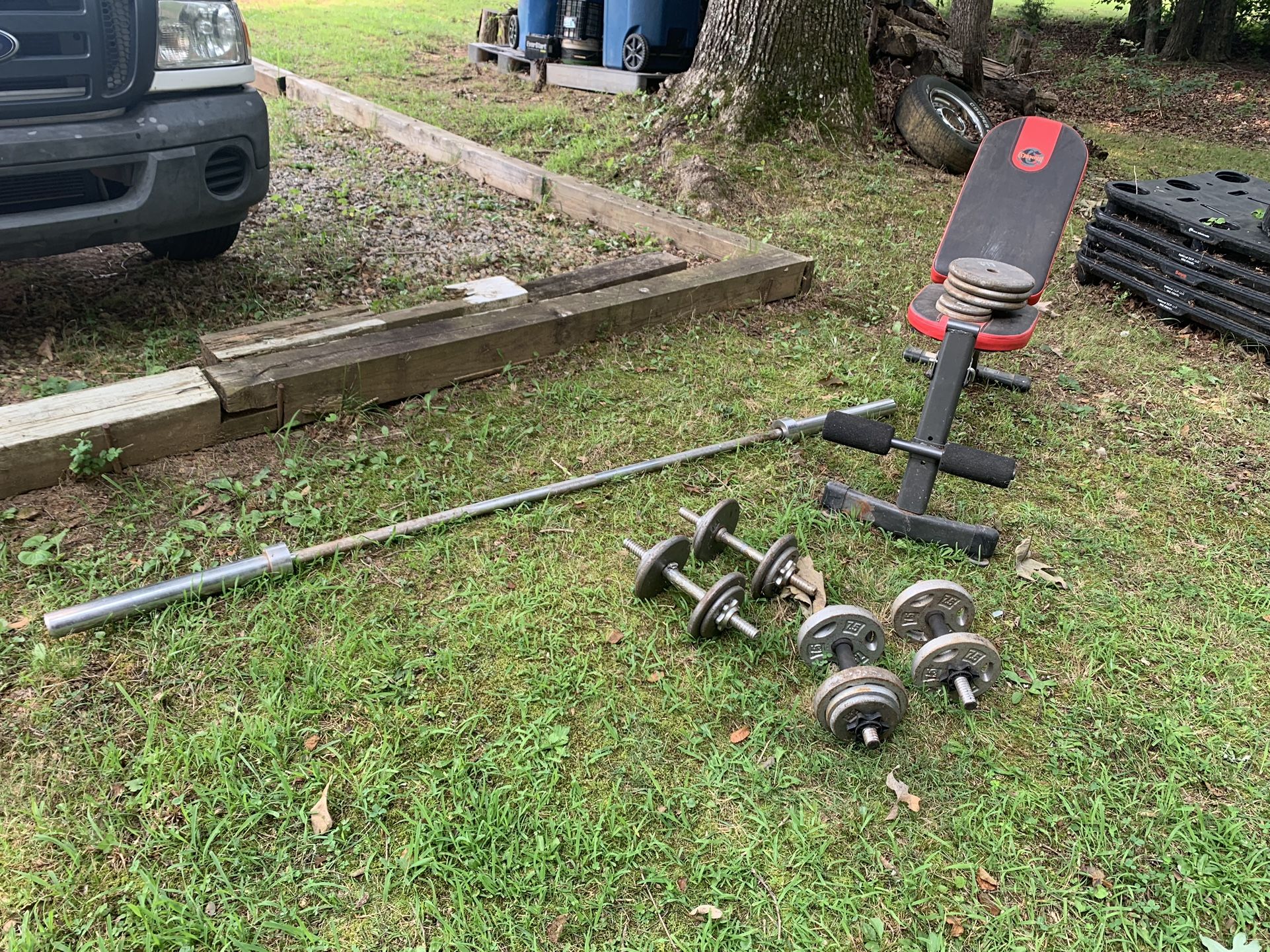 Bench Press, Adjustable Dumbbells, And Bar