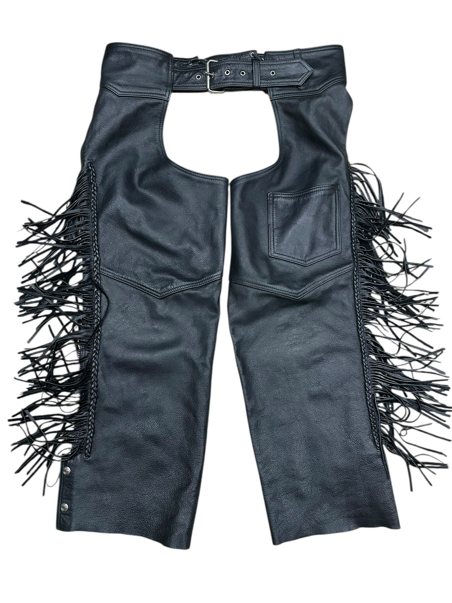 Hudson Leather Motorcycle Chaps – Fringe – Womens M Black Genuine Leather
