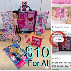 $10 For All,Bundle of Barbie Doll,Fashion Closet,Bike Book,& accessories in great condition