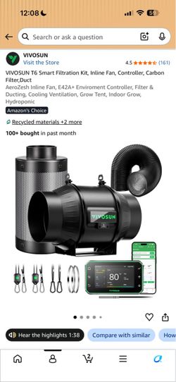 VIVOSUN T6 Smart Filtration Kit, Inline Fan, Controller, Carbon Filter,Duct
