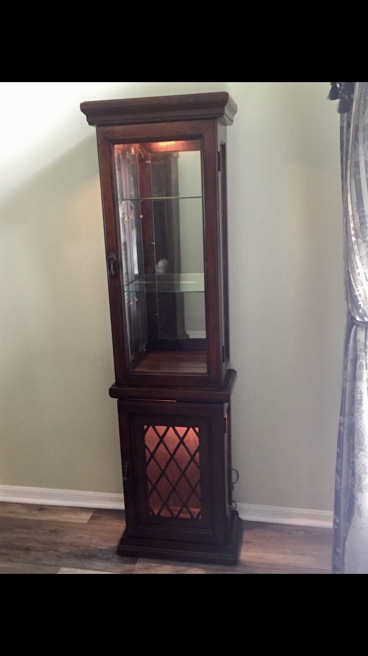 Curio cabinet with accent lighting.