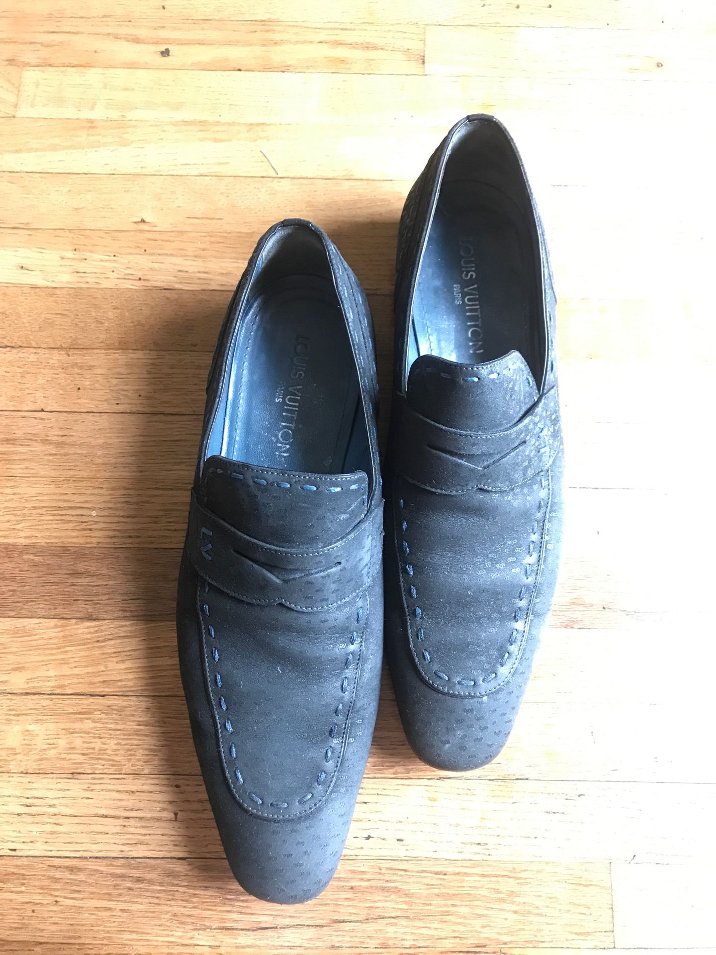 Louis Vuitton Blue Suede Penny Loafers with Accent Stitching