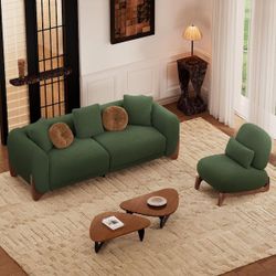 Cloud Couch 2-Piece Green Sherpa Velvet Sofa and Chair with Solid Wood Leg Living Room Set for Apartment