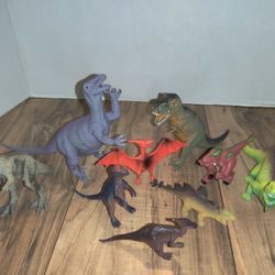 Dinosaur Kids Toys Figurines Lot Of 9 Various Types, Colors, And Sizes. They have wear from age and use. Sold as is.