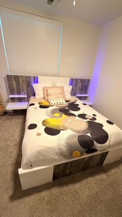 Modern Queen Bed with Color-Changing LED Lights & Mattress