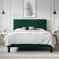 Full Size Bed Frame, Velvet Upholstered Platform Bed with Adjustable Diamond Button Tufted & Nailhead Trim Headboard, Green