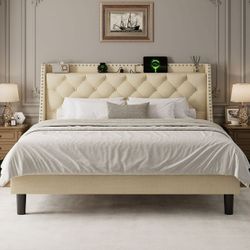 King Bed Frame with 16" Deluxe Wingback & Charging Station, Upholstered Platform Bed with Button Tufted Storage Headboard