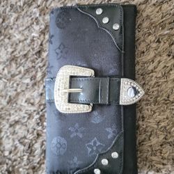 Rhinestones Buckle Strap Wallet New Black