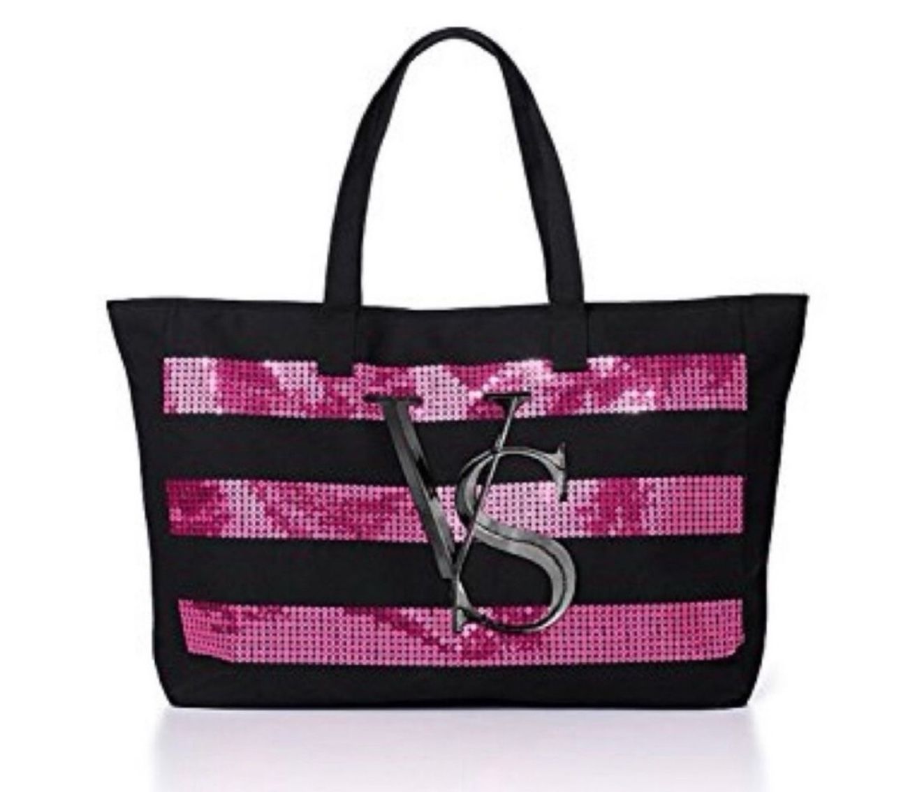 NWT Large Victoria’s Secret Black Canvas w/ Pink Sequins Tote Bag