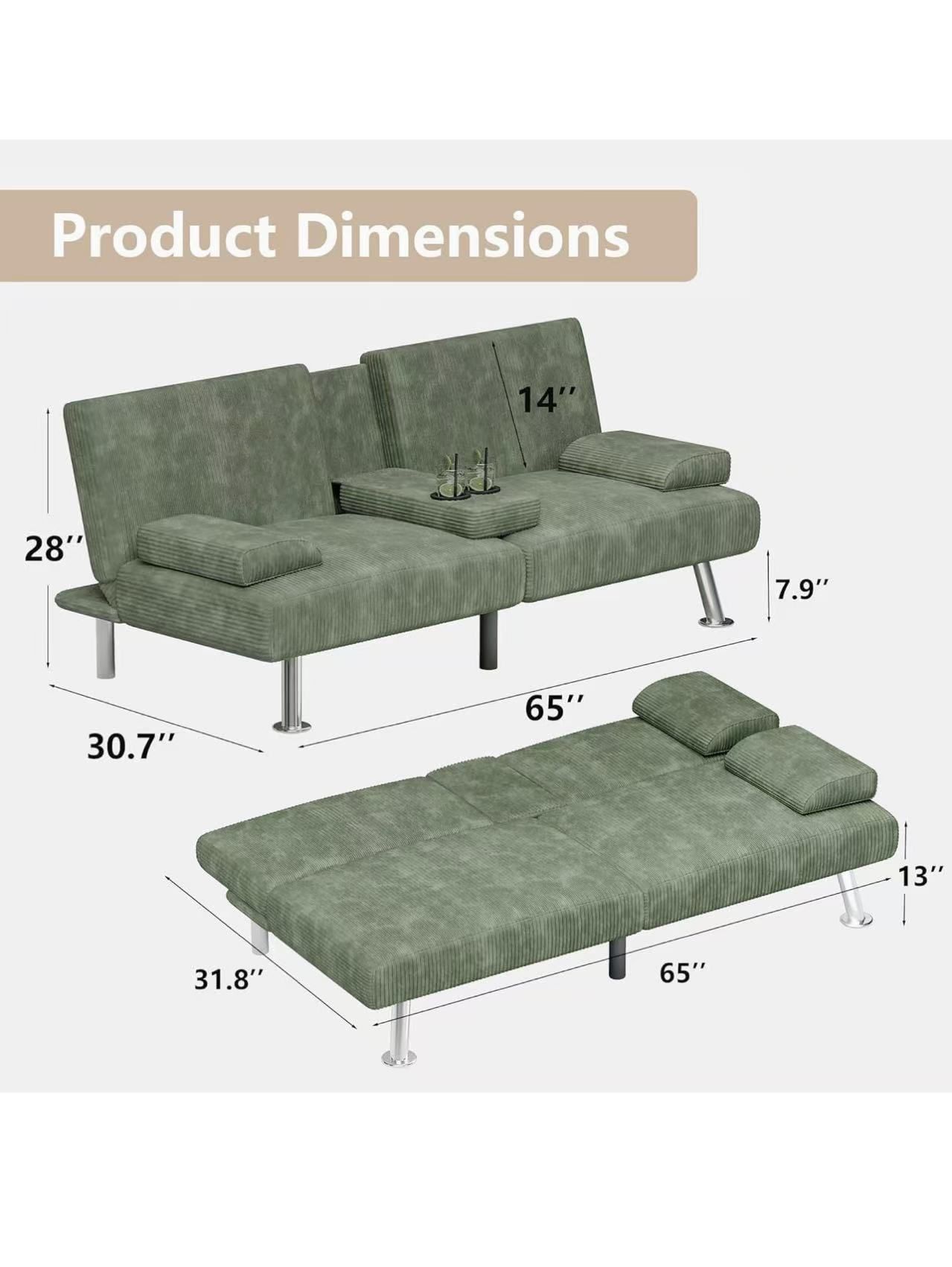 Flamaker Futon Sofa Bed Modern Folding Futon Set Convertible Recliner Lounge for Living Room with 2 Cup Holders, Removable Armrests (Corduroy, Green)