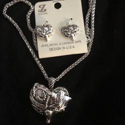 Western Rustic Silver Tone Heart & Boot Necklace & Earrings