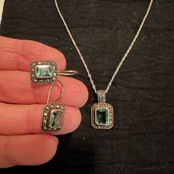Silver Necklace And Earrings (18” Chain) green amethyst stone
