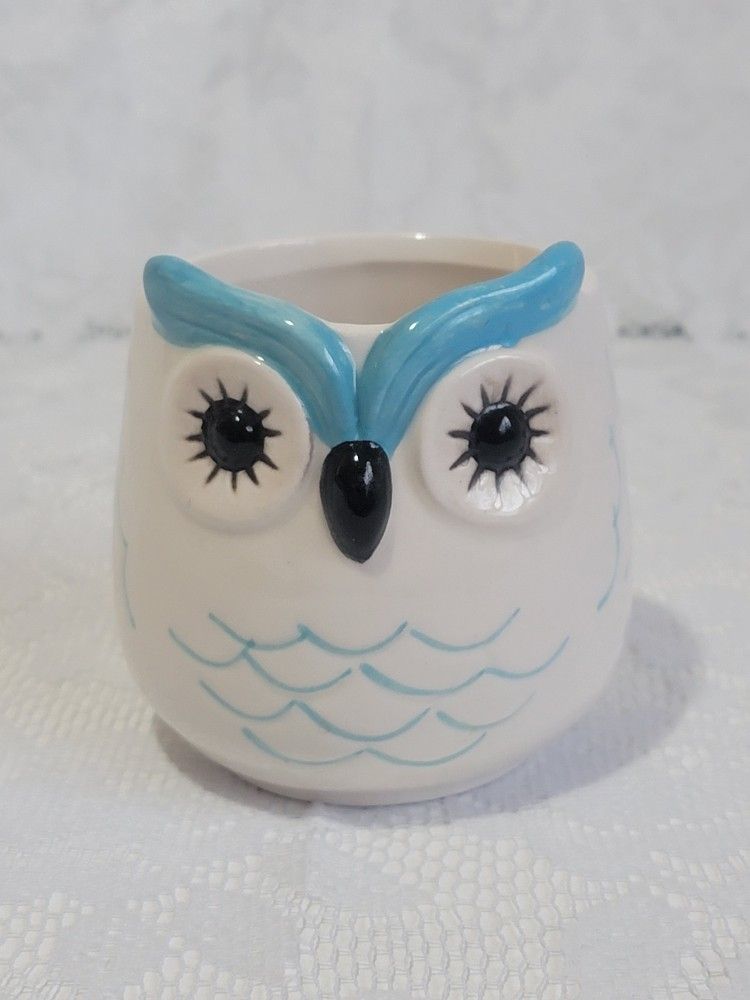 Mini Ceramic Pot Premium Glazed Blue Owl Face Succulent Plant Holder