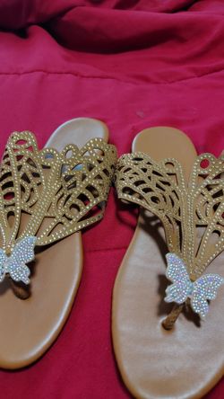 Gold Rhinestone Butterfly Flat Sandals