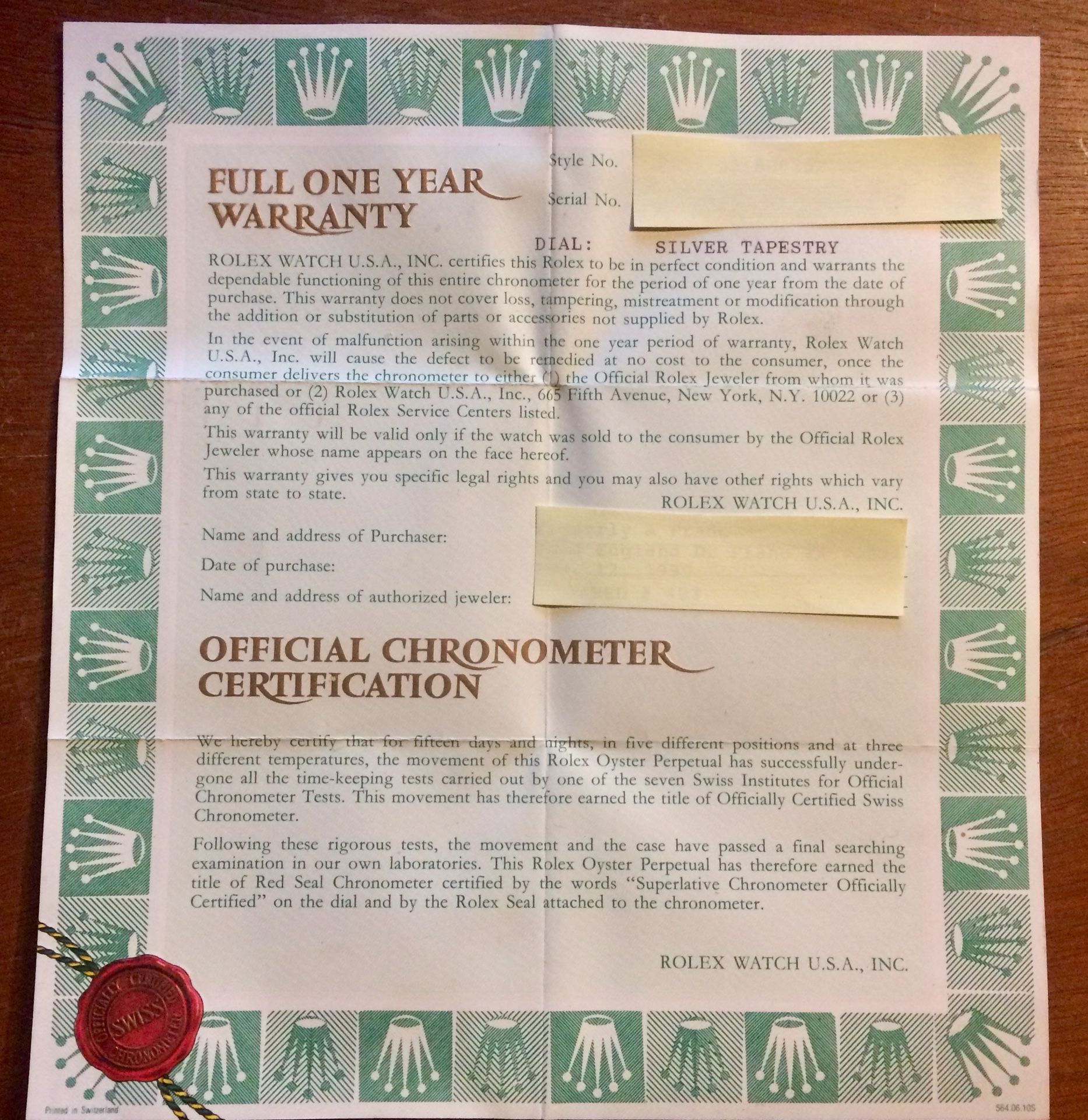NO WATCH Vintage Rolex Watch Warranty & Official Chronometer