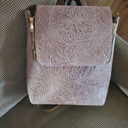 LEATHER BACKPACK PURSE GORGEOUS FLORAL ENGRAVING